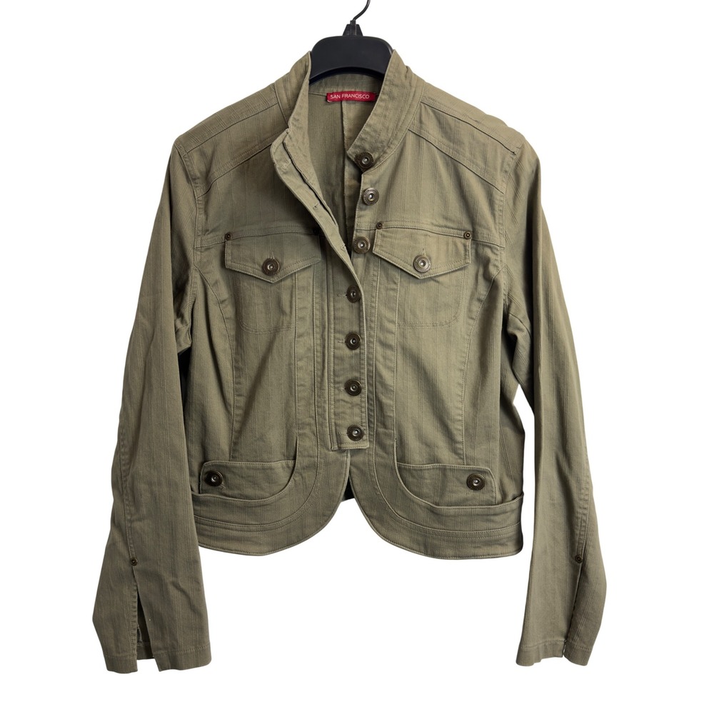 San Francisco Olive Green Utility Jacket Mock Neck Pinstripe Size 13 Stretch